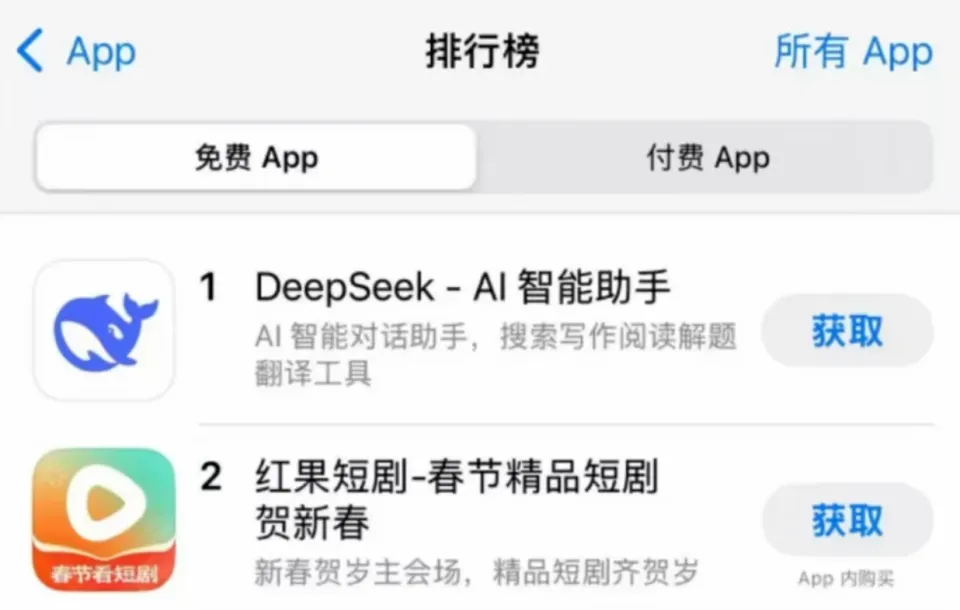 反超ChatGPT,DeepSeek一举登顶美区苹果应用商店免费App排行第一!.webp